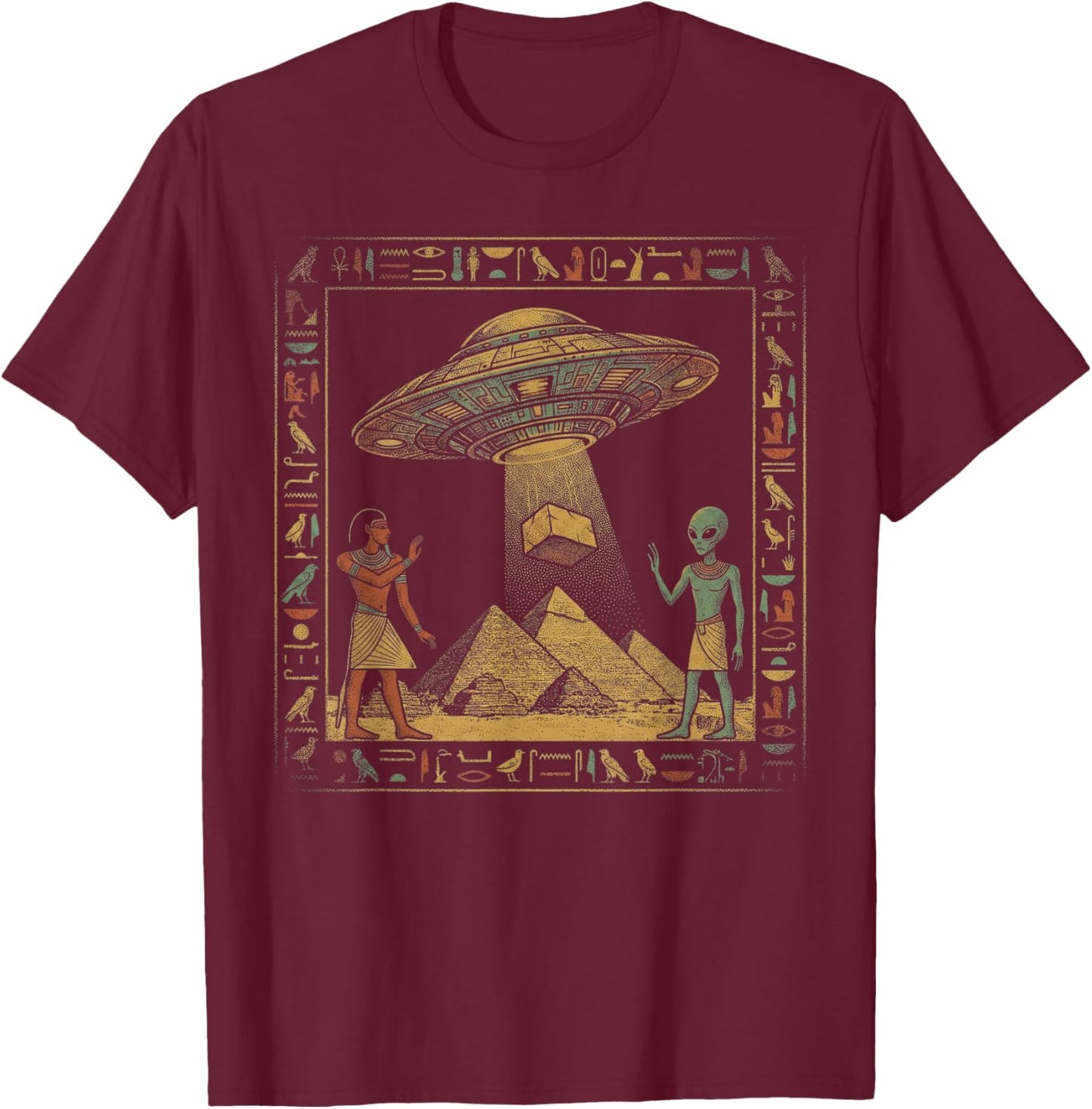 Vintage UFO Alien Sci Fi Ancient Egypt Art Retro 90s Graphic T-Shirt - T-Shirt | Maroon