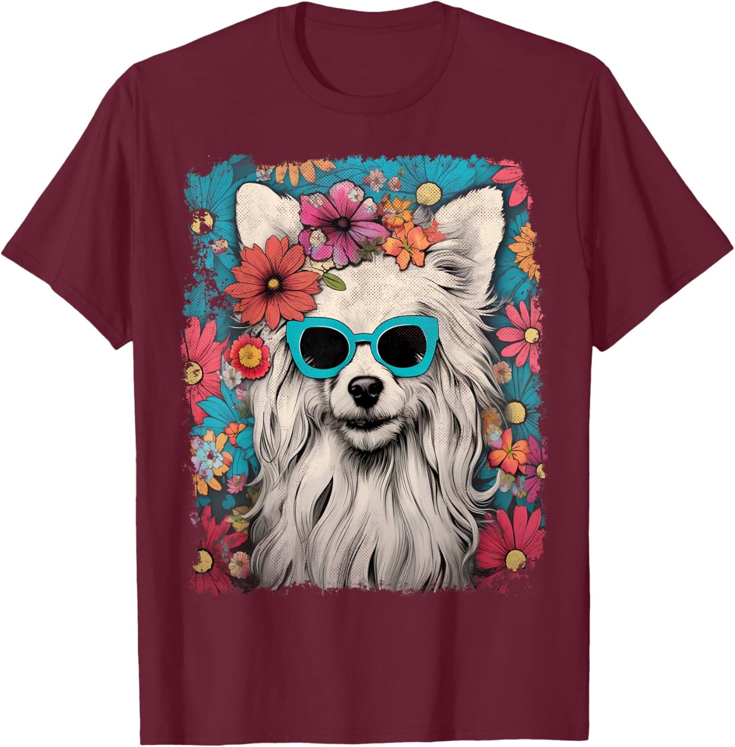 Pet Dog Face Vintage Chinese Crested Dog Floral Graphic T-Shirt - T-Shirt | Maroon