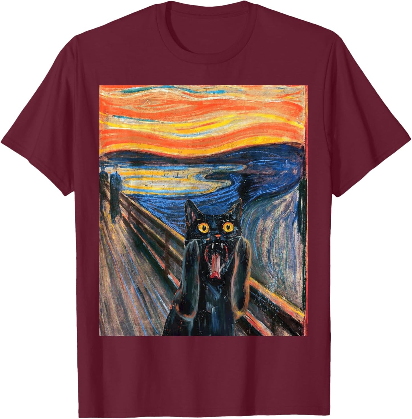The Scream Black Cat by Munch Edvard Famous Painting Funny T-Shirt - T-Shirt | Maroon