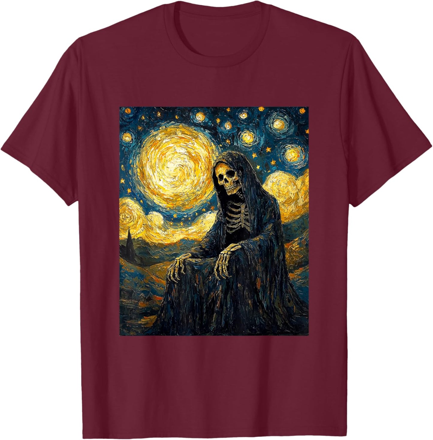 Ghost Skeleton Halloween - Van Gogh Style - Starry Night T-Shirt - T-Shirt | Maroon