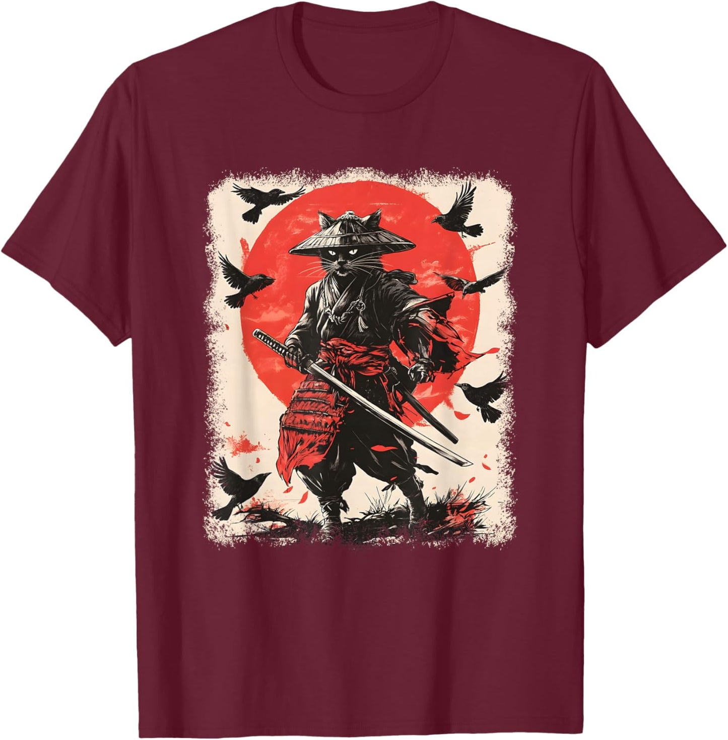 Samurai Cat, Japanese Warrior Art | Anime & Vintage Samurai T-Shirt - T-Shirt | Maroon