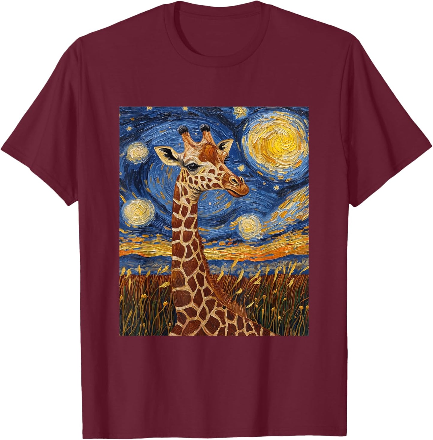 Cute Giraffe Africa - Van Gogh Style - Starry Night T-Shirt - T-Shirt | Maroon