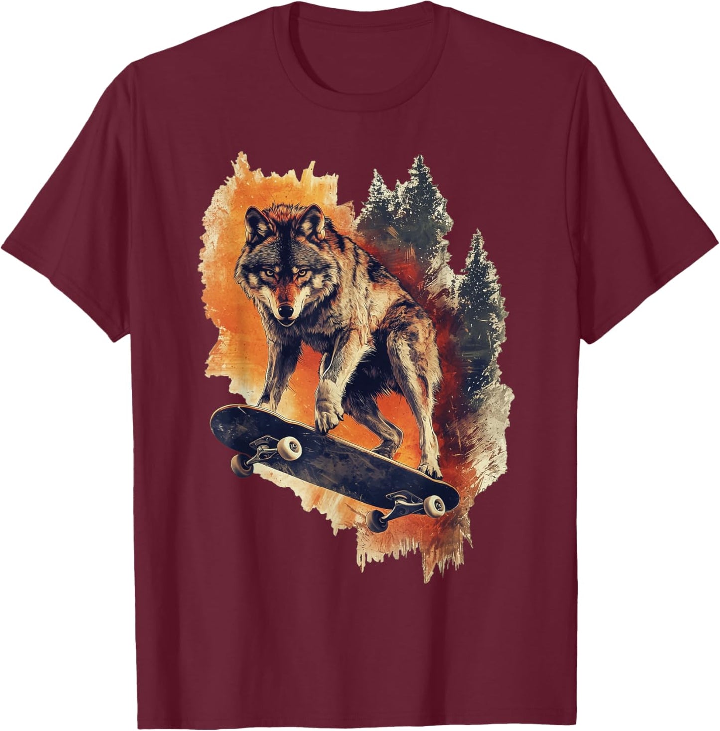 Wolf Wolves Skateboard Skateboarding Funny Graphic T-Shirt - T-Shirt | Maroon