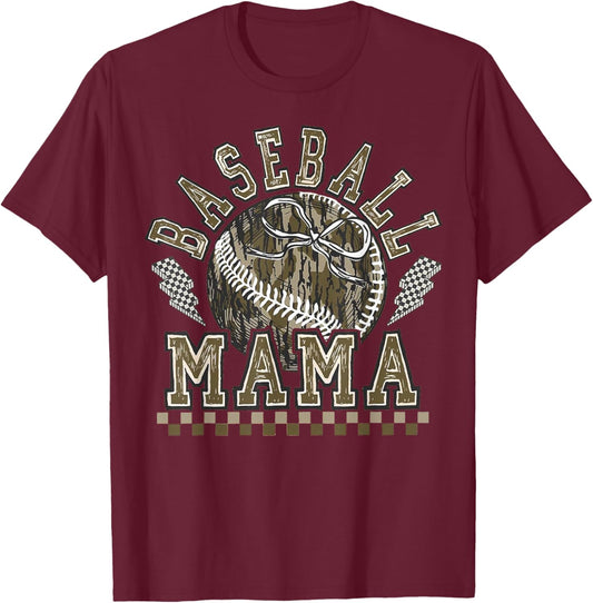 Retro Baseball Camo Mama Game Day Tis The Season Sports Mom T-Shirt - T-Shirt | Maroon