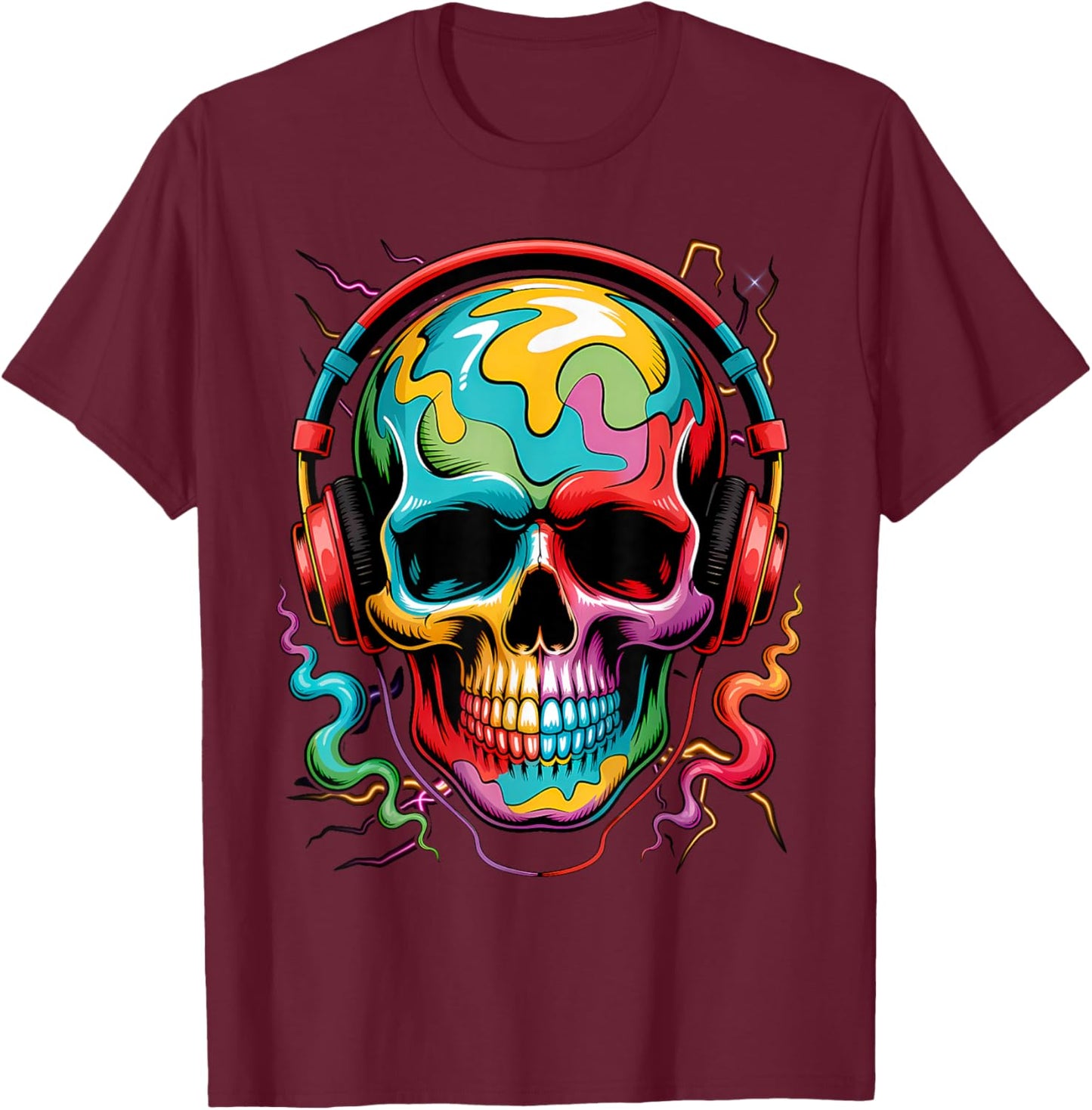 Skull Geometric Art Colorful Fantasy Graphic T-Shirt - T-Shirt | Maroon