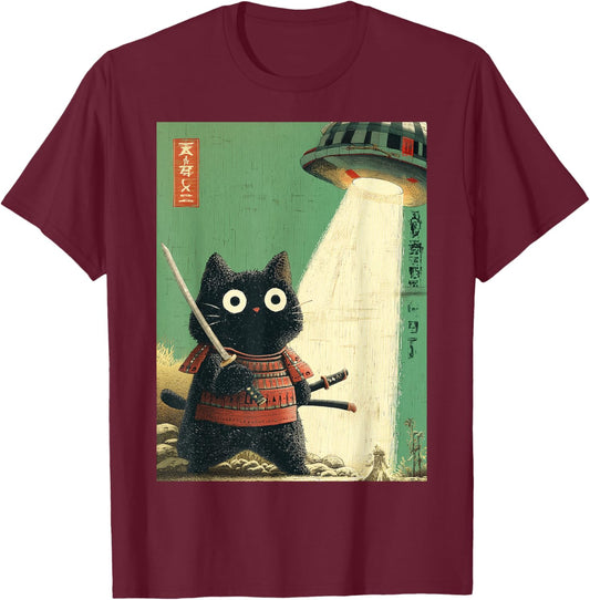 Chat Japonais Vintage Samouraï Sumi-e Abduction Guerrier OVNI T-Shirt - T-Shirt | Maroon