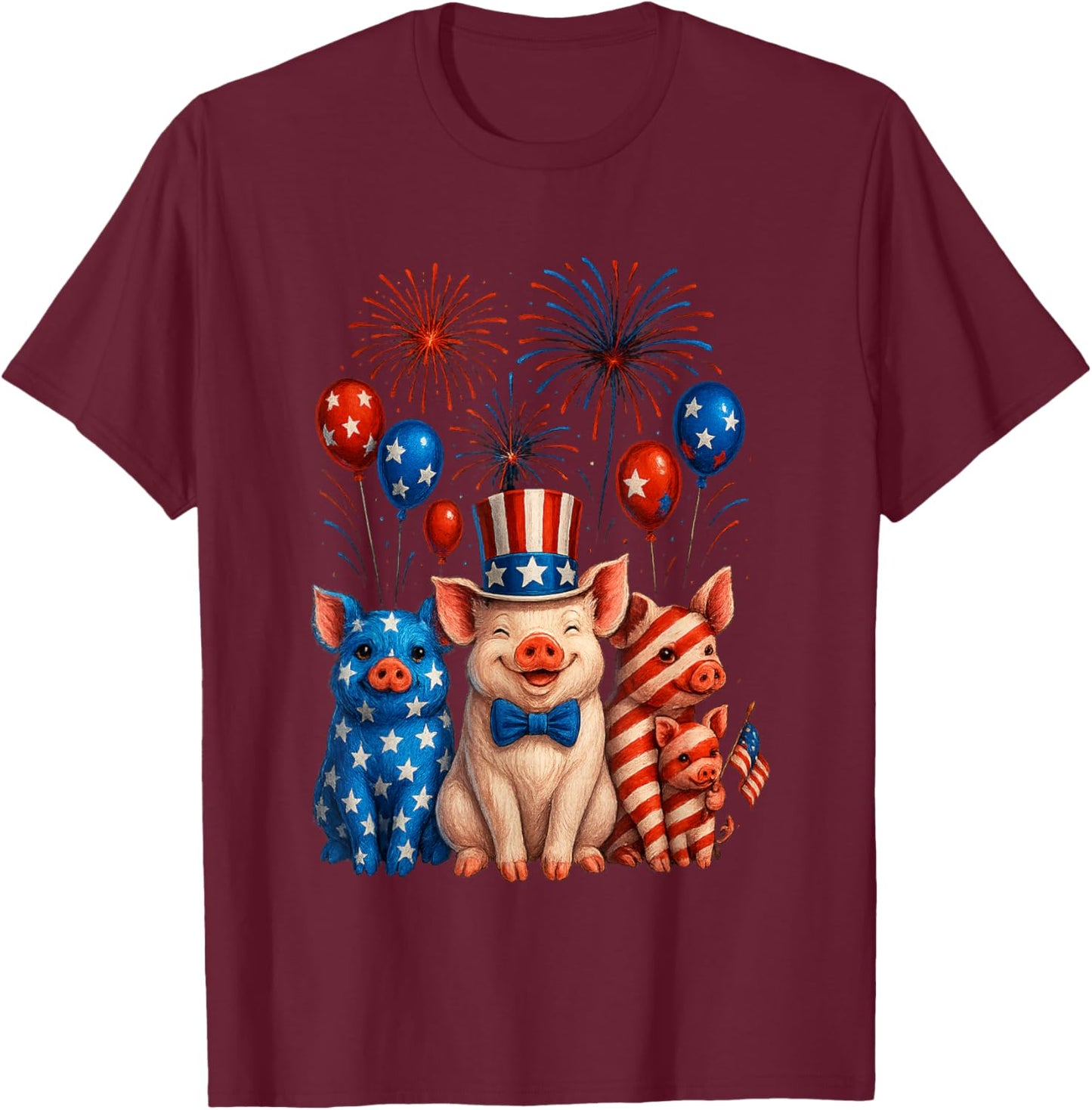 Fireworks American Flag Funny Pig Patriotic Farmer 4th July T-Shirt - T-Shirt | Maroon