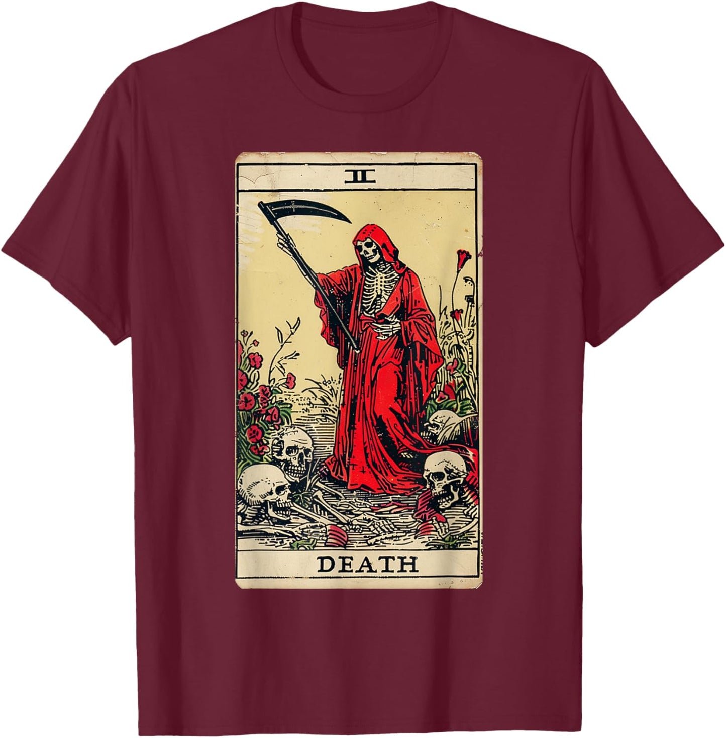 Vintage Death Tarot Card Black Gothic Skull Dead Reaper Grim T-Shirt - T-Shirt | Maroon
