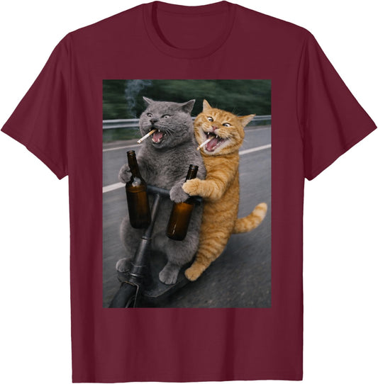 Funny Cat Smoking Cigarette and Drinking T-Shirt - T-Shirt | Maroon