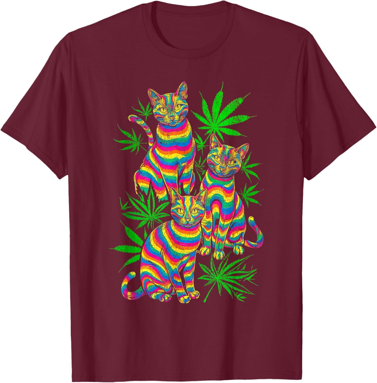 Psychedelic Cats Trippy Marijuana Pot Leaf Weed Cannabis 420 T-Shirt - T-Shirt | Maroon