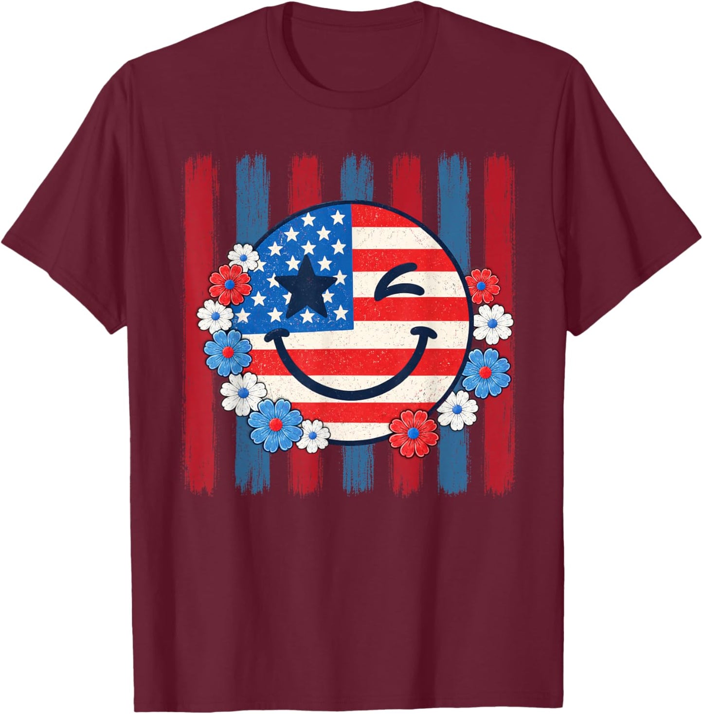 Happy 4th of July Groovy Smile Face Red White Blue USA Flag T-Shirt - T-Shirt | Maroon