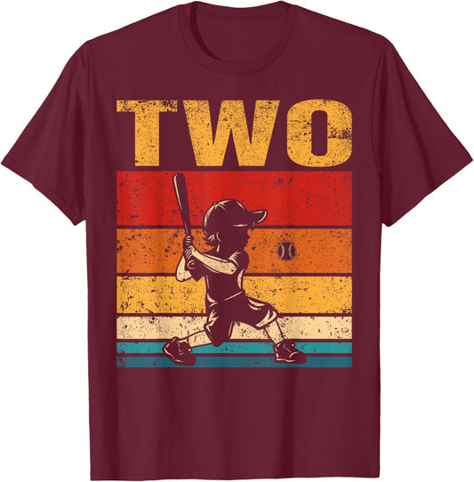 2 Year Old Baseball Boy Birthday Vintage 2nd Birthday Boy T-Shirt - T-Shirt | Maroon