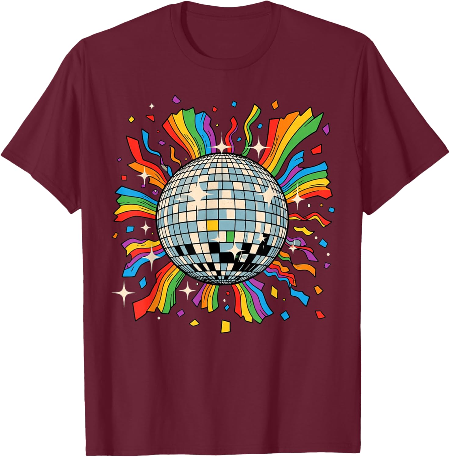 Retro Streamers and Confetti Disco Ball Party T-Shirt - T-Shirt | Maroon
