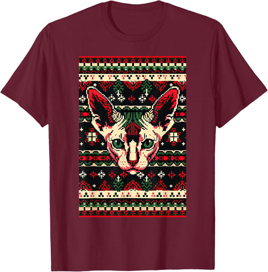 Christmas Ugly Sweater Sphynx Cat Funny Xmas T-Shirt - T-Shirt | Maroon