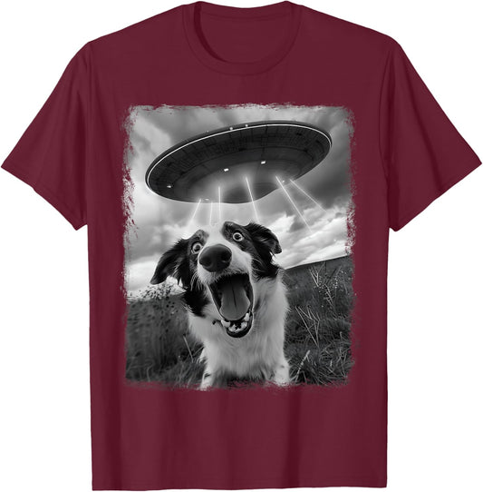 Australian Shepherd Dog UFO Alien Extraterrestrial Selfie T-Shirt - T-Shirt | Maroon
