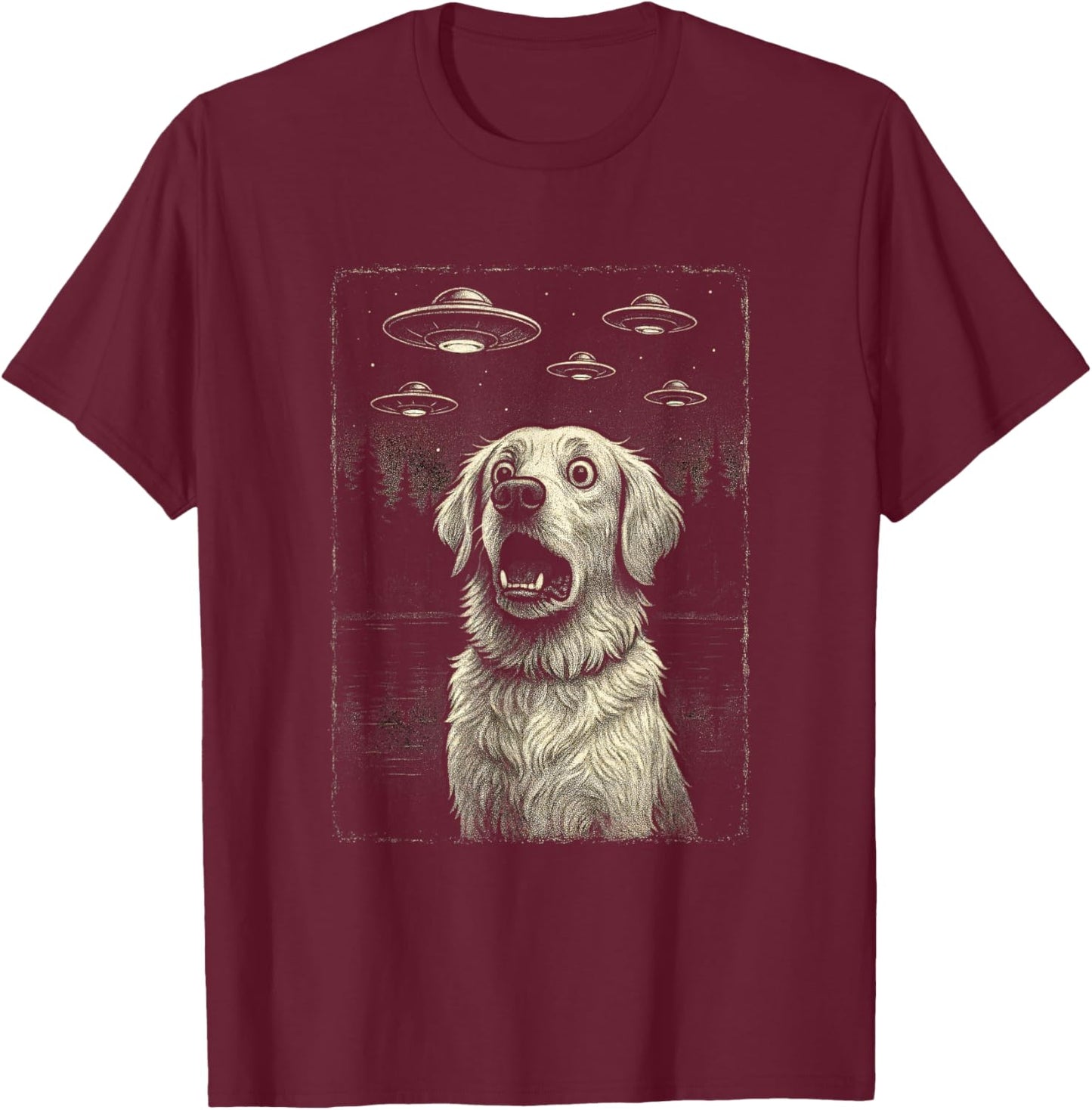 Golden Retriever UFO Encounter - Funny Dog Art T-Shirt - T-Shirt | Maroon