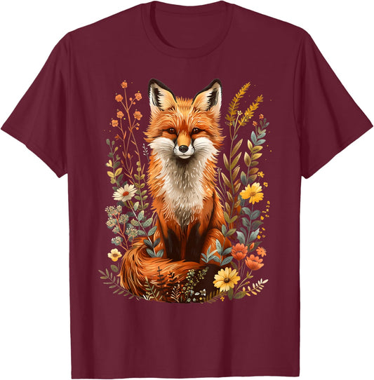 Cottagecore Nature Floral Fox Aesthetic T-Shirt - T-Shirt | Maroon