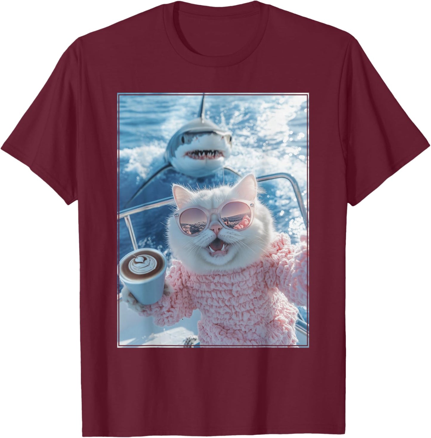 Cat with Sunglasses and Coffee on Yacht Boat Shark Cat Meme T-Shirt - T-Shirt | Maroon