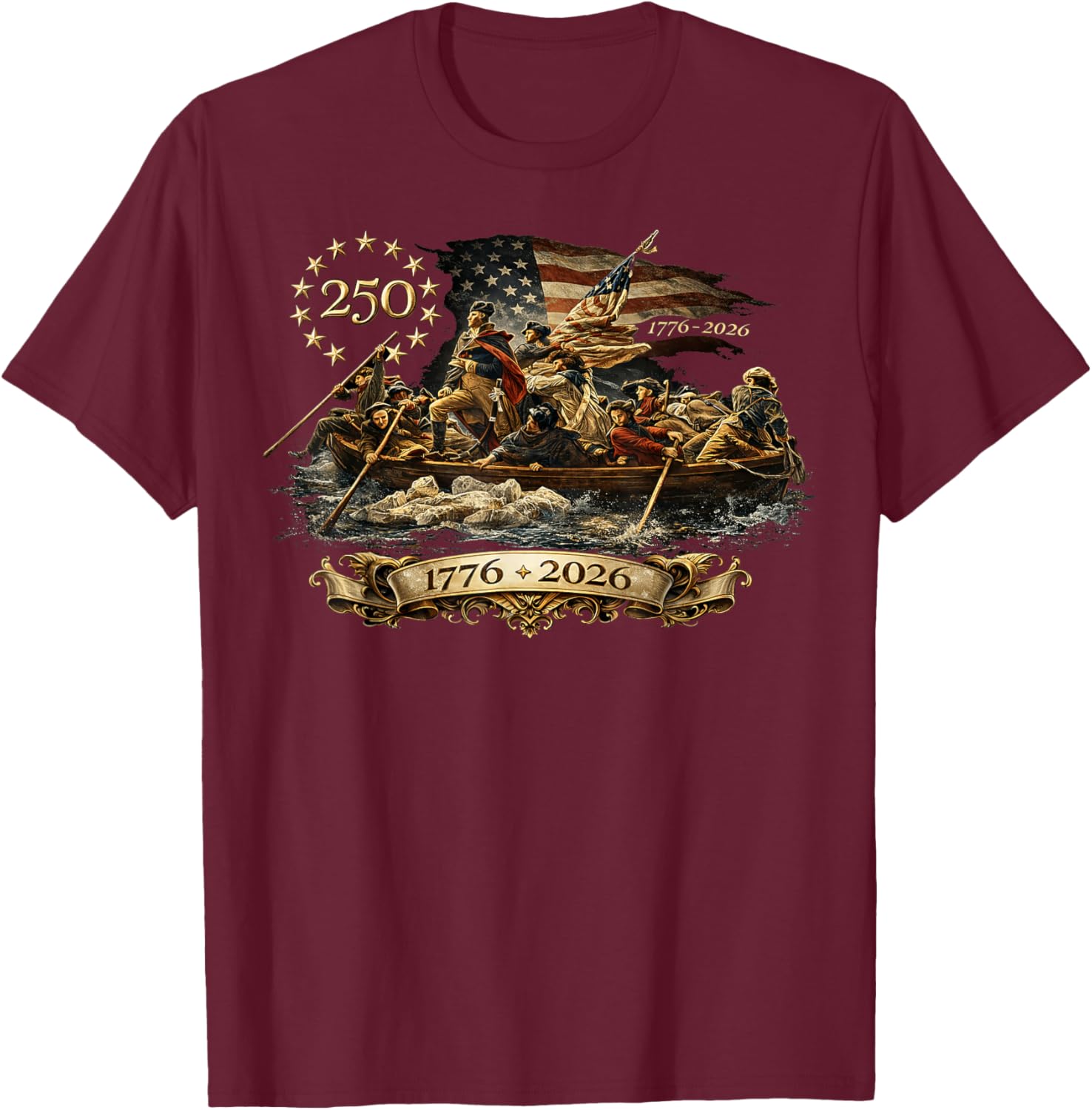 250 America George Washington Boat 2026 July 4 American Flag T-Shirt - T-Shirt | Maroon