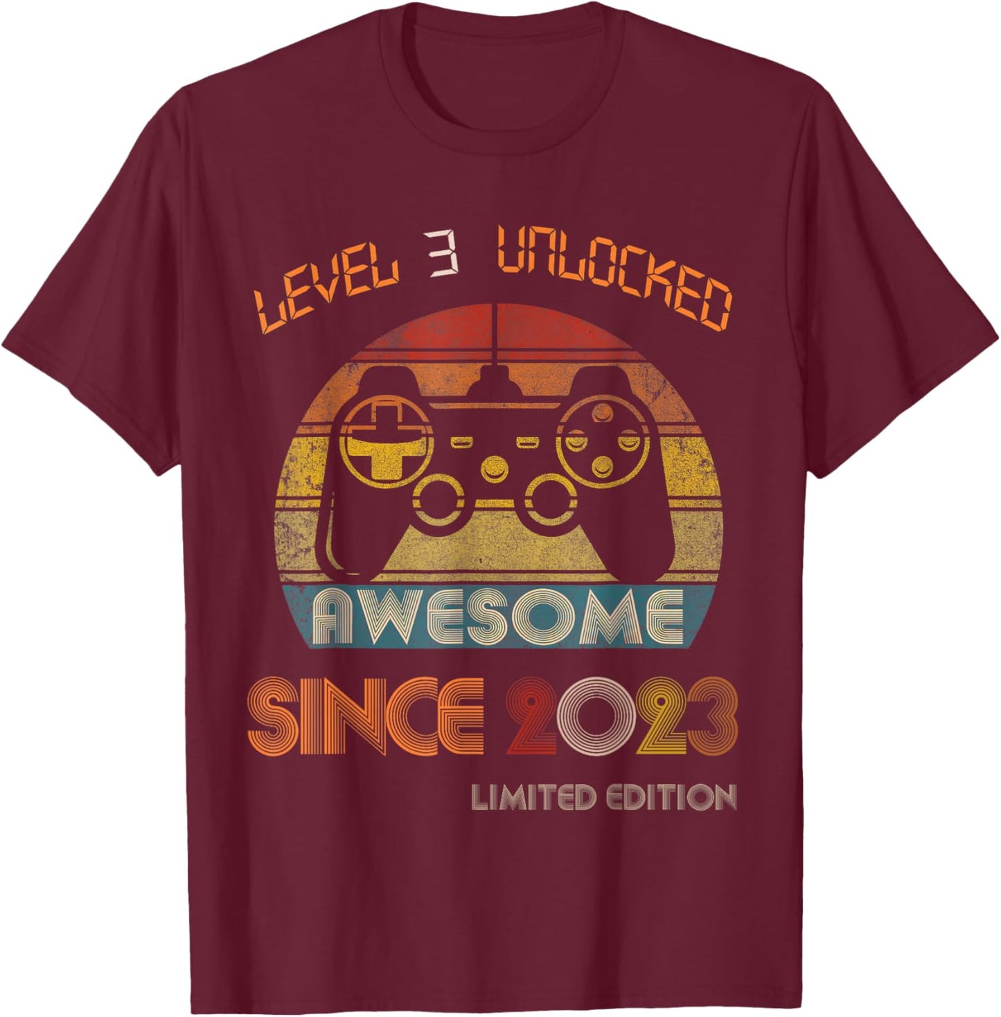 Level 3 Unlocked Awesome Since 2023 3rd Birthday Gaming T-Shirt - T-Shirt | Maroon