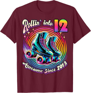 Birthday Roller Skating 12th Girl Rollin into 12 Skate Party T-Shirt - T-Shirt | Maroon