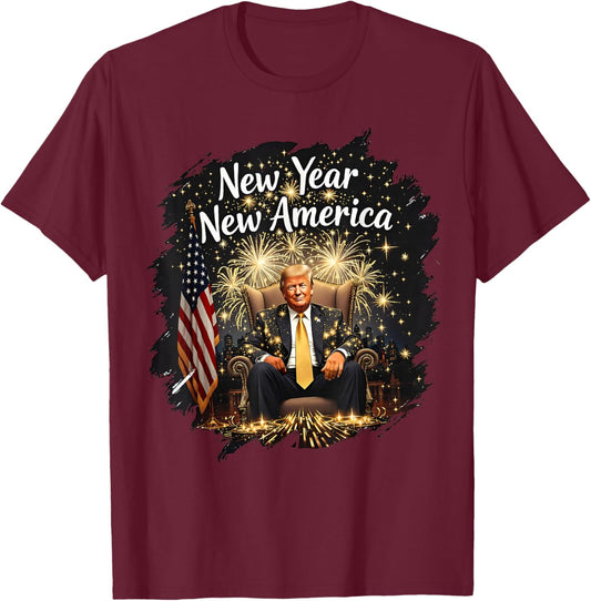 New Year New America Happy New Year Party 2025 Trump Funny T-Shirt - T-Shirt | Maroon