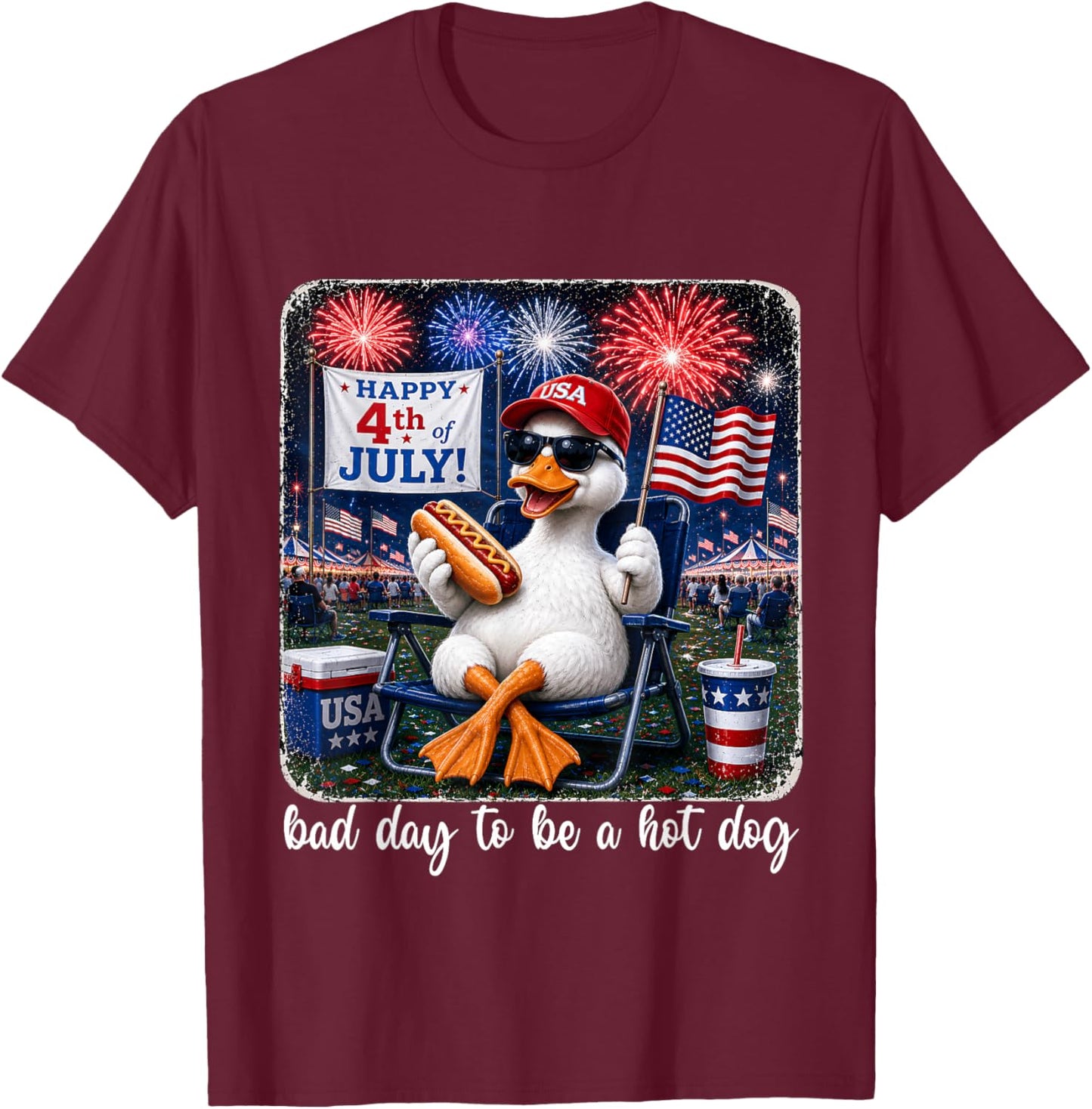 It's A Bad Day to Be A Hotdog Goose Fourth of July Patriotic T-Shirt - T-Shirt | Maroon