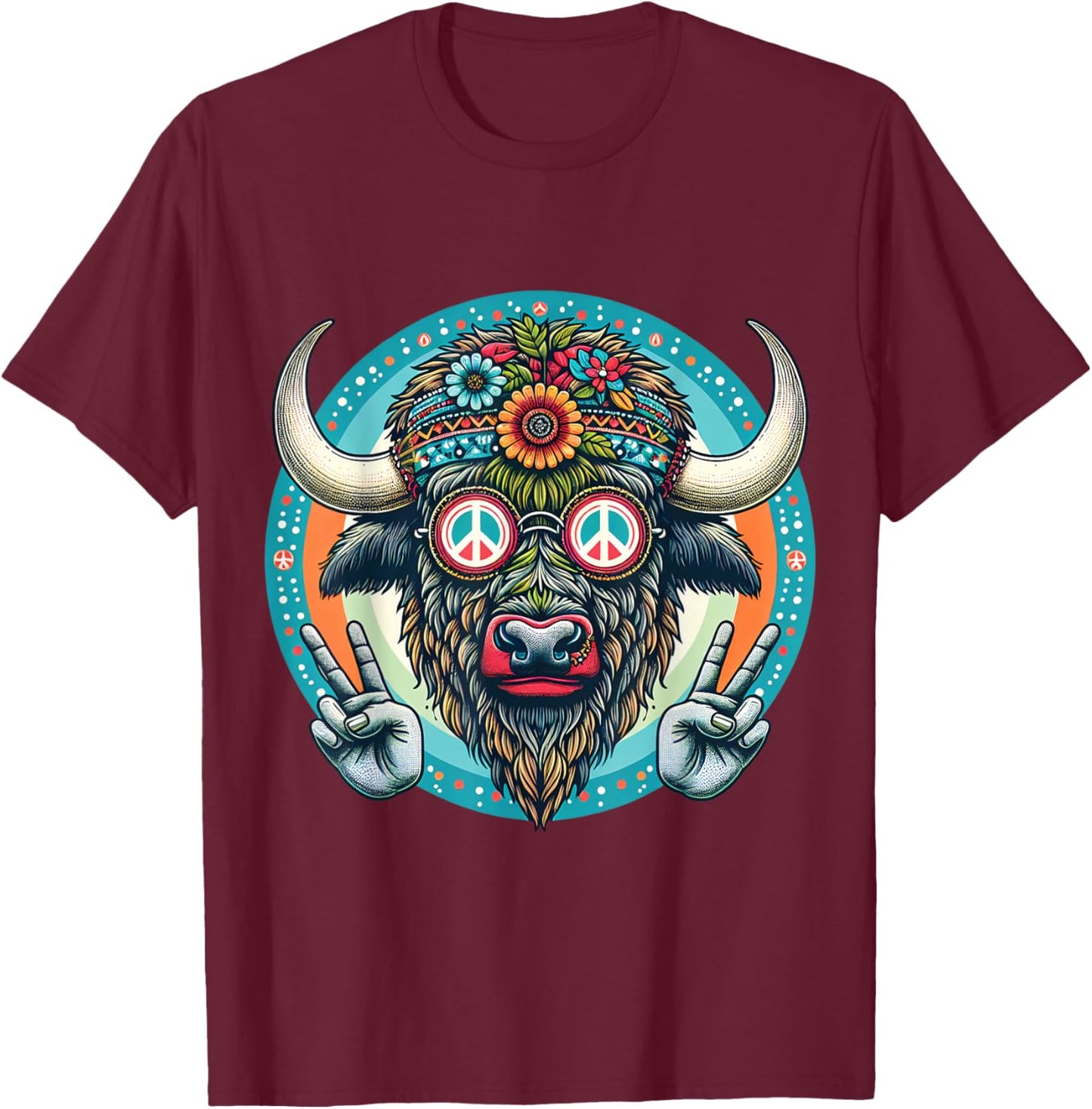 Buffalo Hippie with Peace signs floral T-Shirt - T-Shirt | Maroon