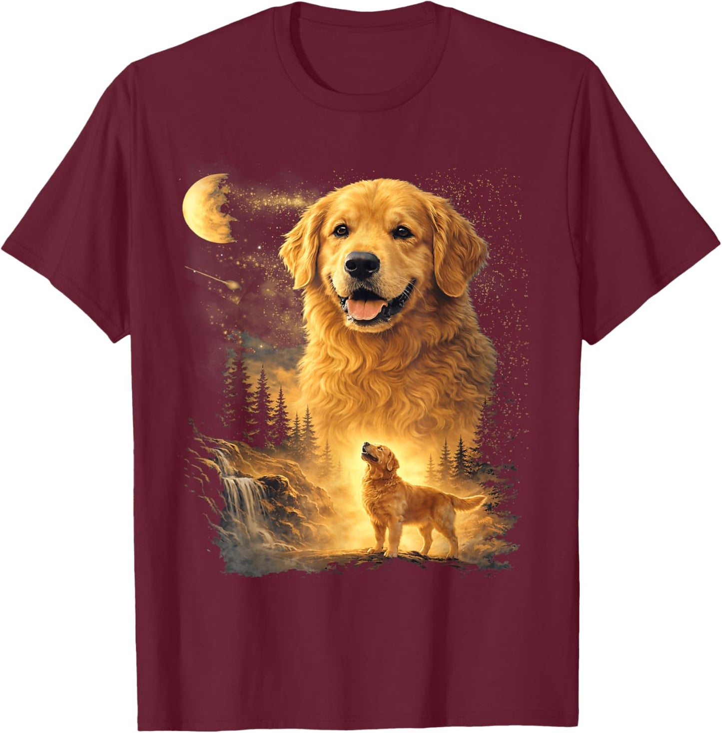 Golden Retriever Howling to The Moon Vintage Dog Art T-Shirt - T-Shirt | Maroon