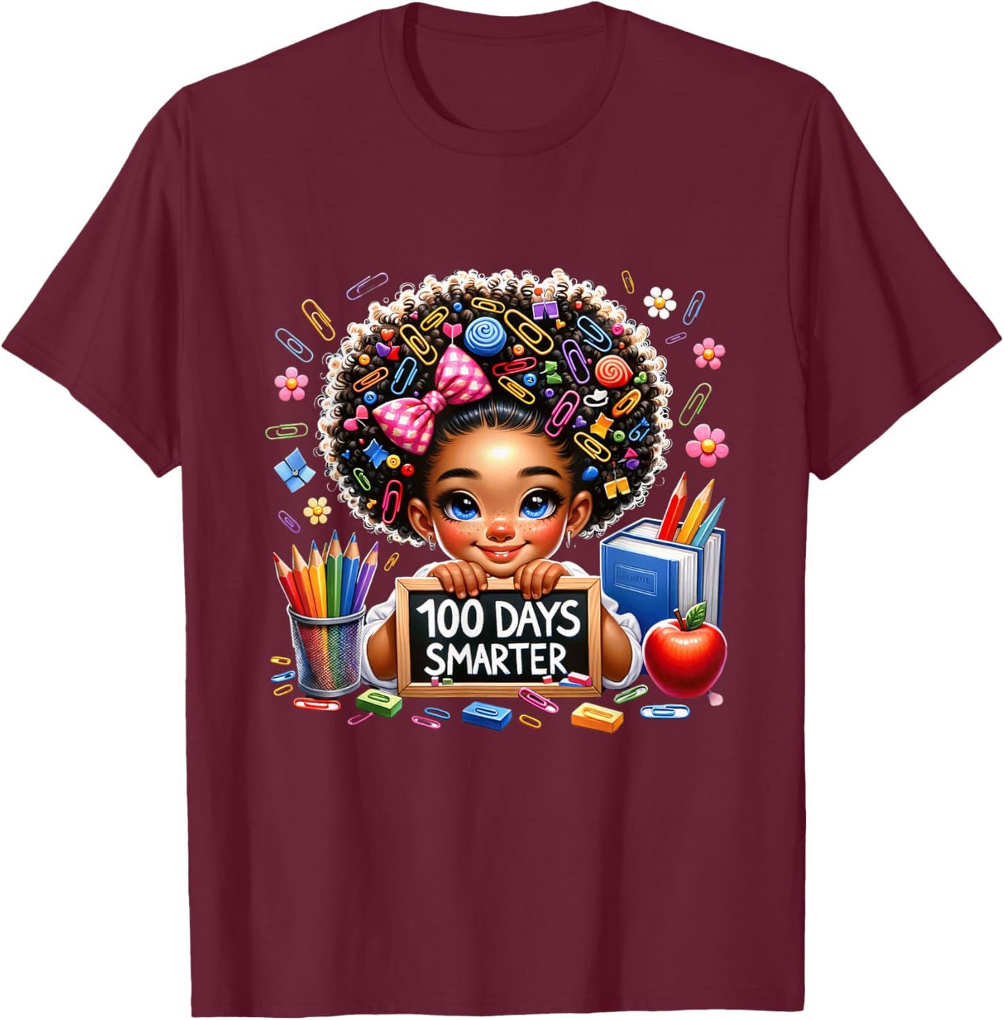 100 Days Smarter Afro Girls Messy Bun 100th Day Of School T-Shirt - T-Shirt | Maroon
