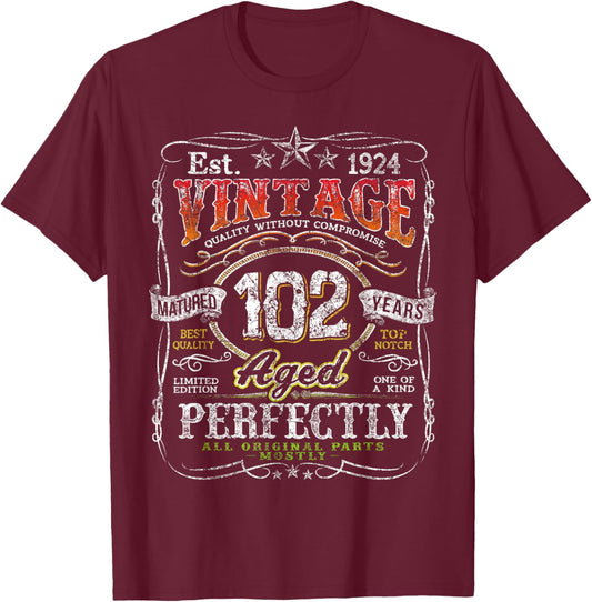 Vintage 1924 Limited Edition 102 Year Old 102nd Birthday T-Shirt - T-Shirt | Maroon