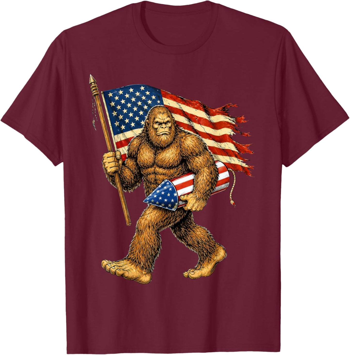Bigfoot Fireworks 4th of July Men Sasquatch American Flag T-Shirt - T-Shirt | Maroon