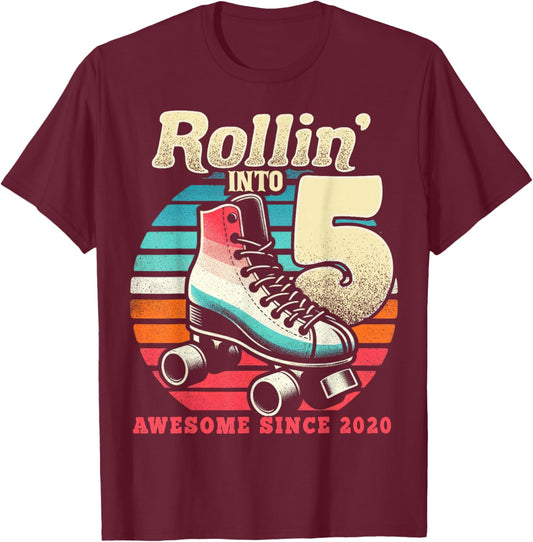 Birthday Roller Skating 5th Girls Rollin into 5 Skate Party T-Shirt - T-Shirt | Maroon