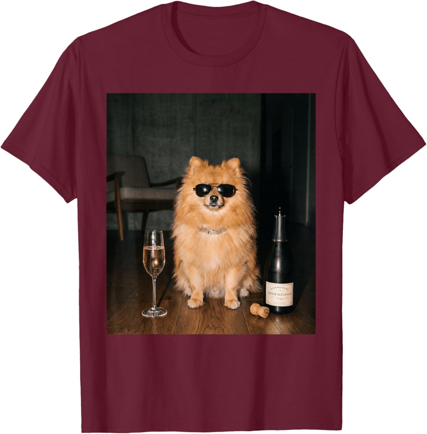 Pomeranian Drinking Champagne Funny Fathers Day T-Shirt - T-Shirt | Maroon