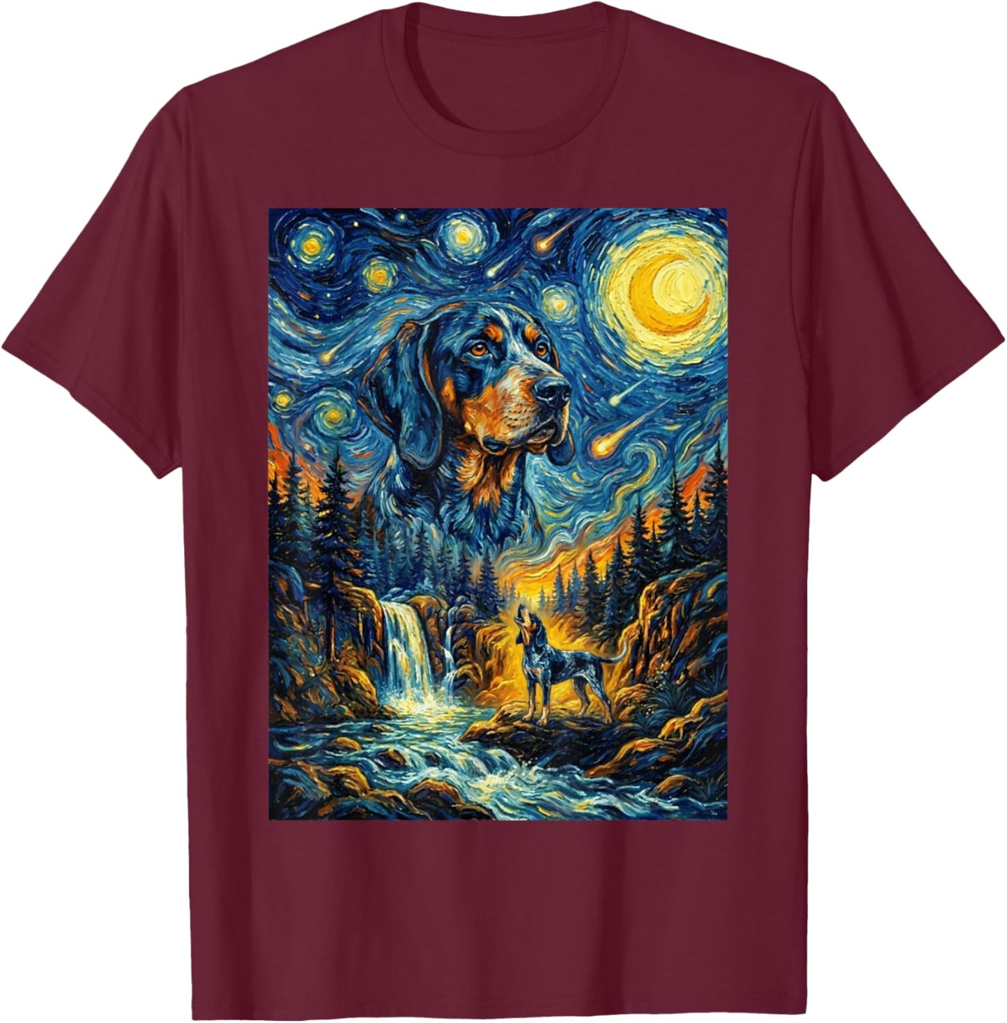 Bluetick Coonhound Dog Howling The Moon Night Starry Style T-Shirt - T-Shirt | Maroon