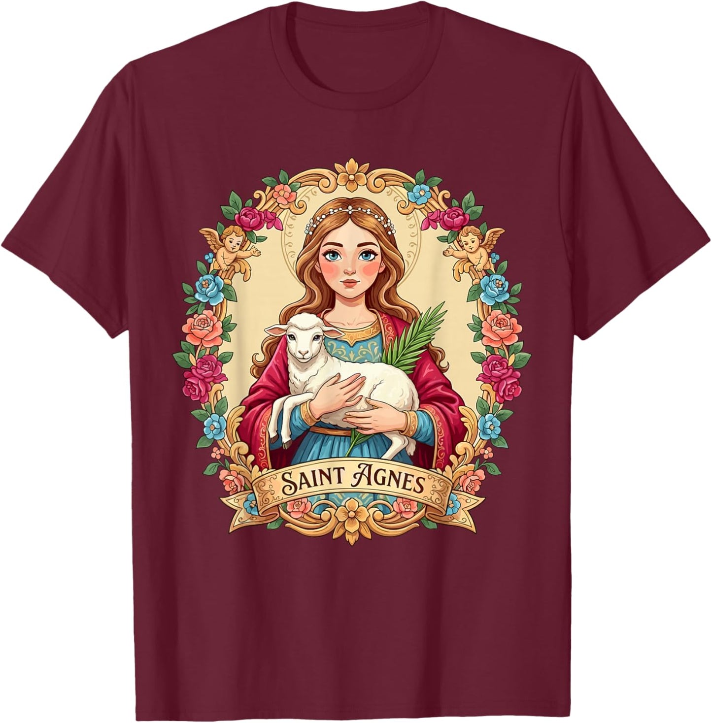 St Agnes of Rome Lamb Catholic Patron Saint of Girls Couples T-Shirt - T-Shirt | Maroon
