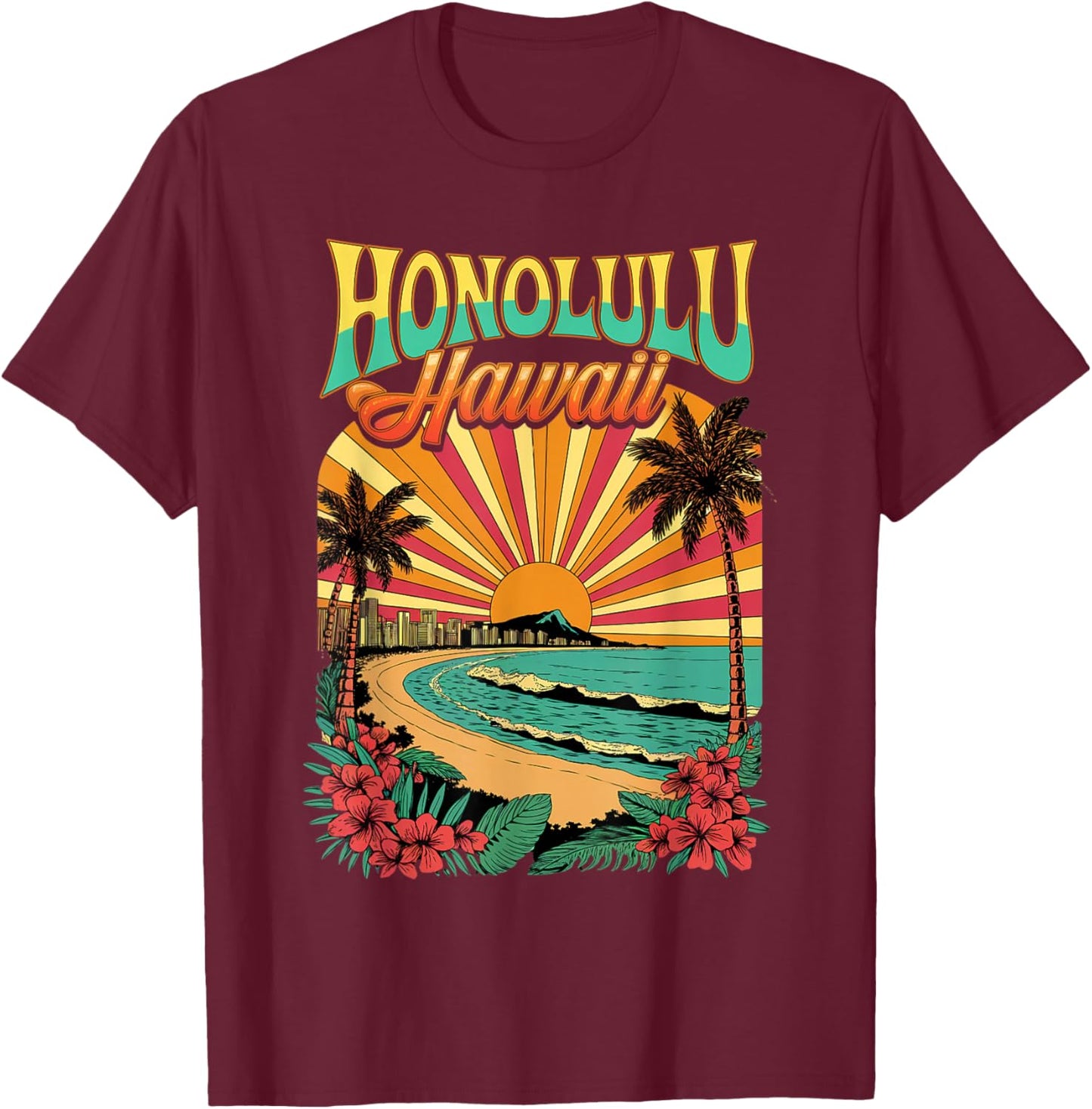 Vibrant Vintage Honolulu Hawaii Skyline Sunset Retro T-Shirt - T-Shirt | Maroon