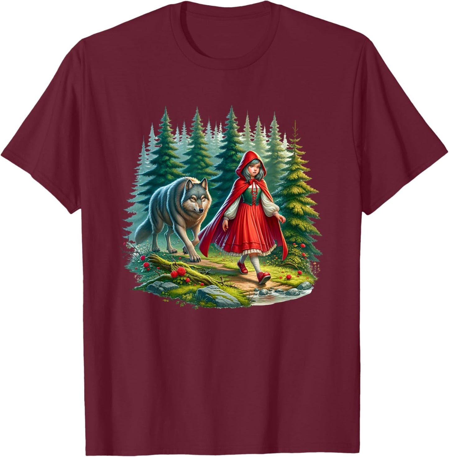 Little Red Riding Hood Stalked by Wolf Halloween Costume T-Shirt - T-Shirt | Maroon