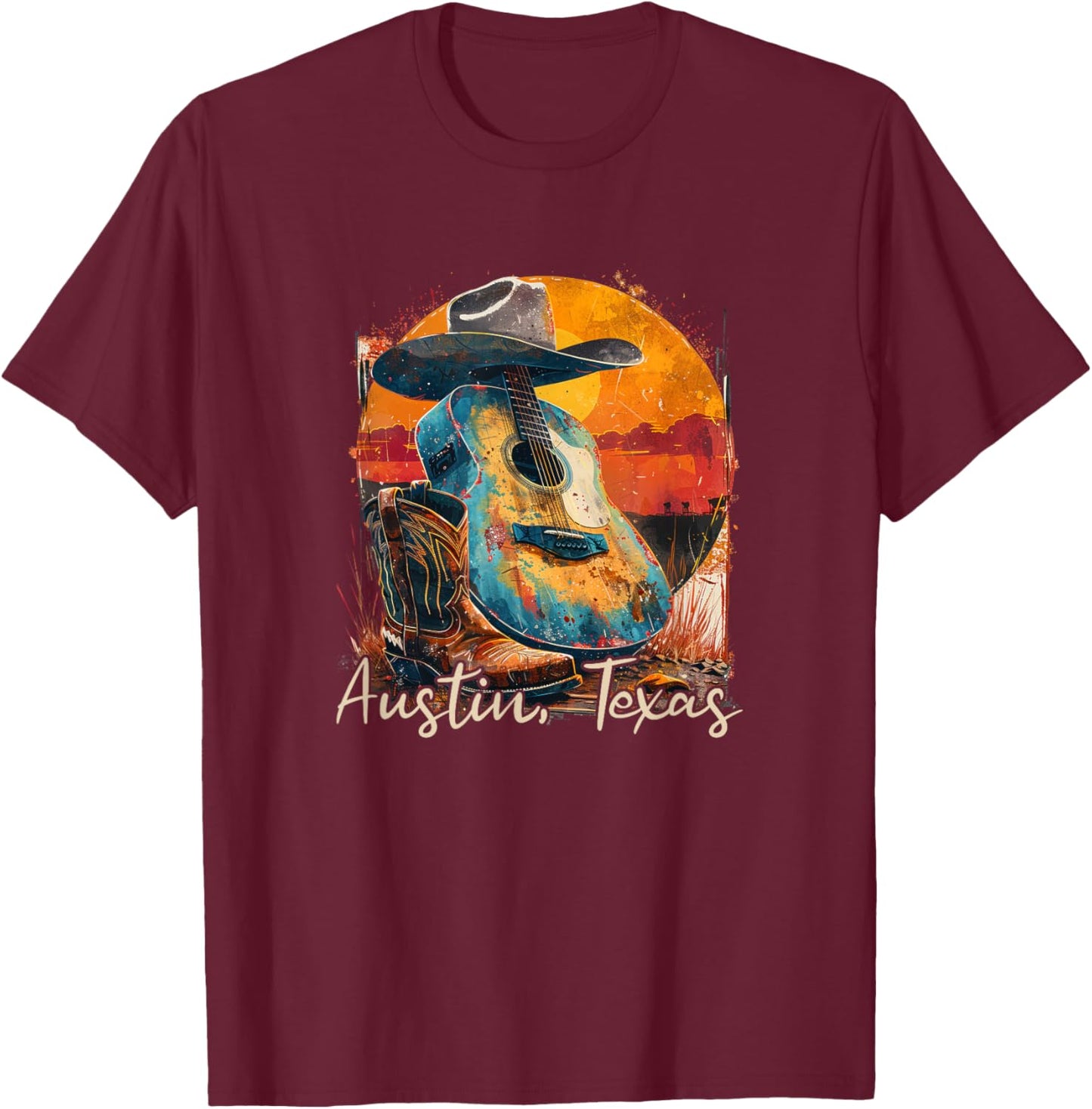 Austin Texas TX | Guitar Musician Cowboy T-Shirt - T-Shirt | Maroon