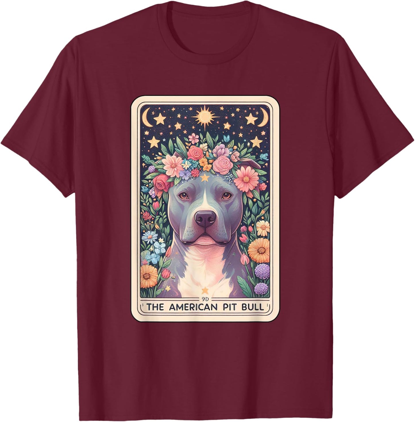 Pitbull Dog Floral Boho Flowers Tarot Card T-Shirt - T-Shirt | Maroon