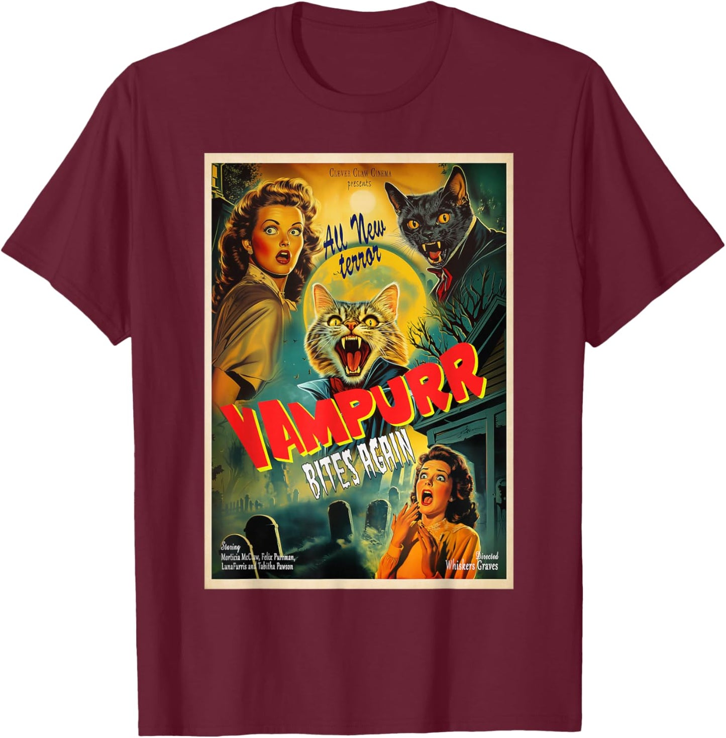 Funny Vampire Cat Dracula Halloween costume Vampurr cat T-Shirt - T-Shirt | Maroon