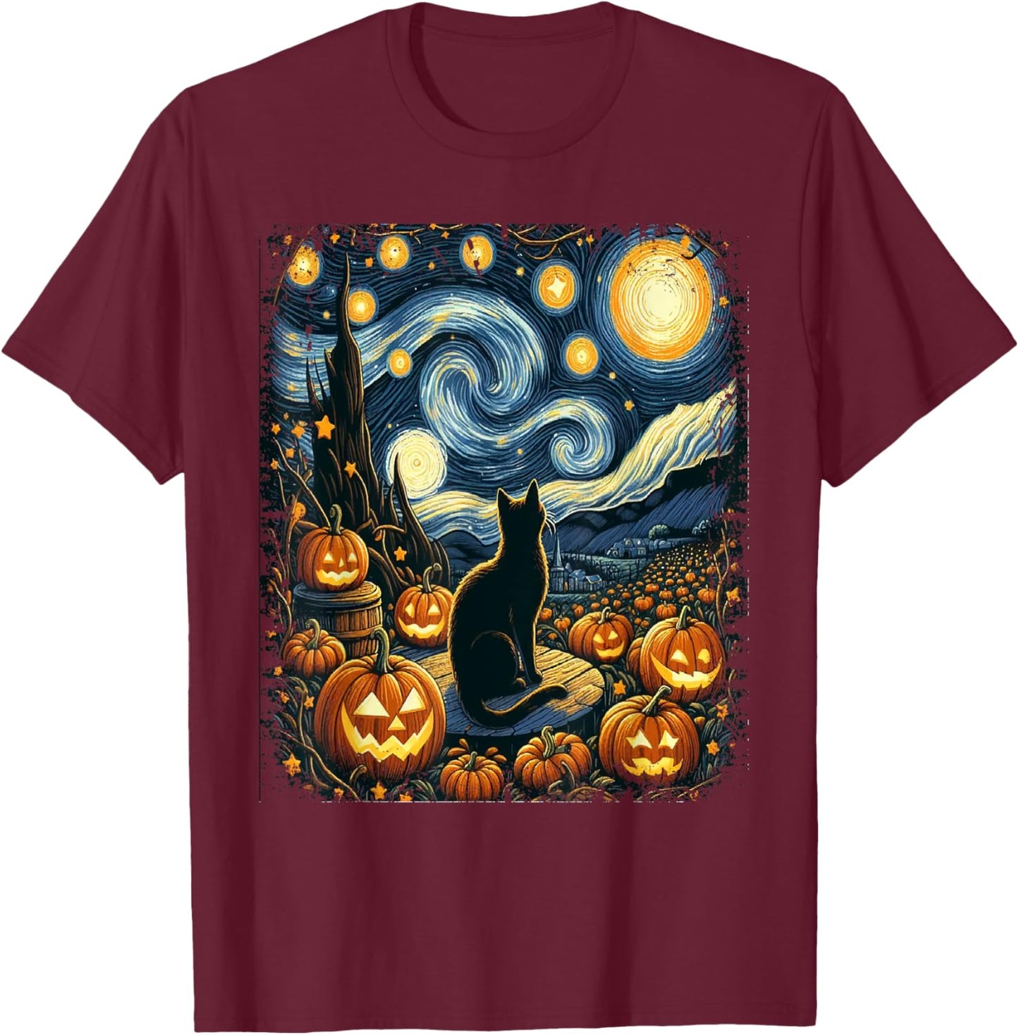 Halloween Van Gogh Starry Night Black Cat Pumpkins Men Women Kids T-Shirt - T-Shirt | Maroon