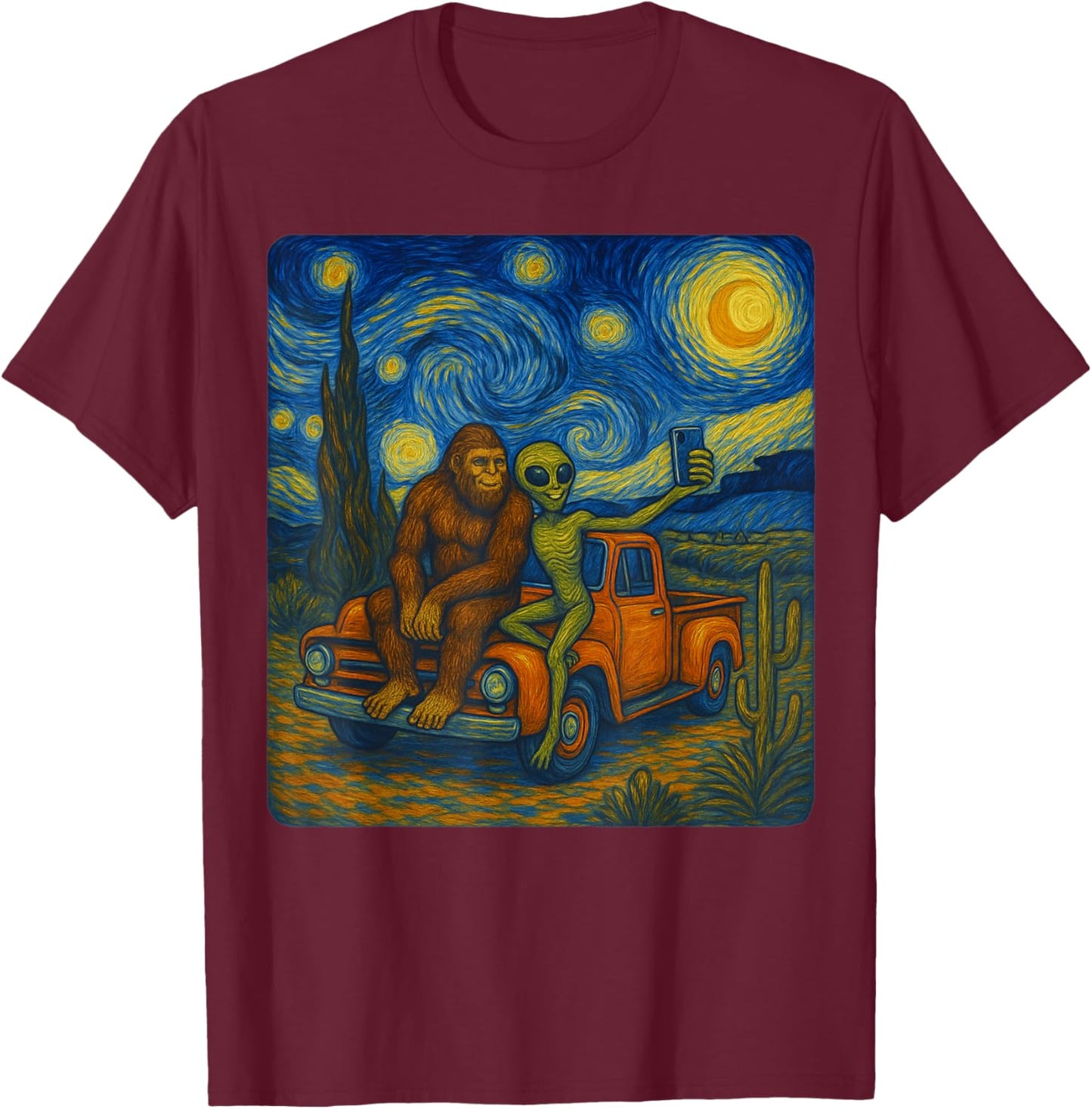 Starry Night Bigfoot & Alien Van Gogh Art Inspired T-Shirt - T-Shirt | Maroon