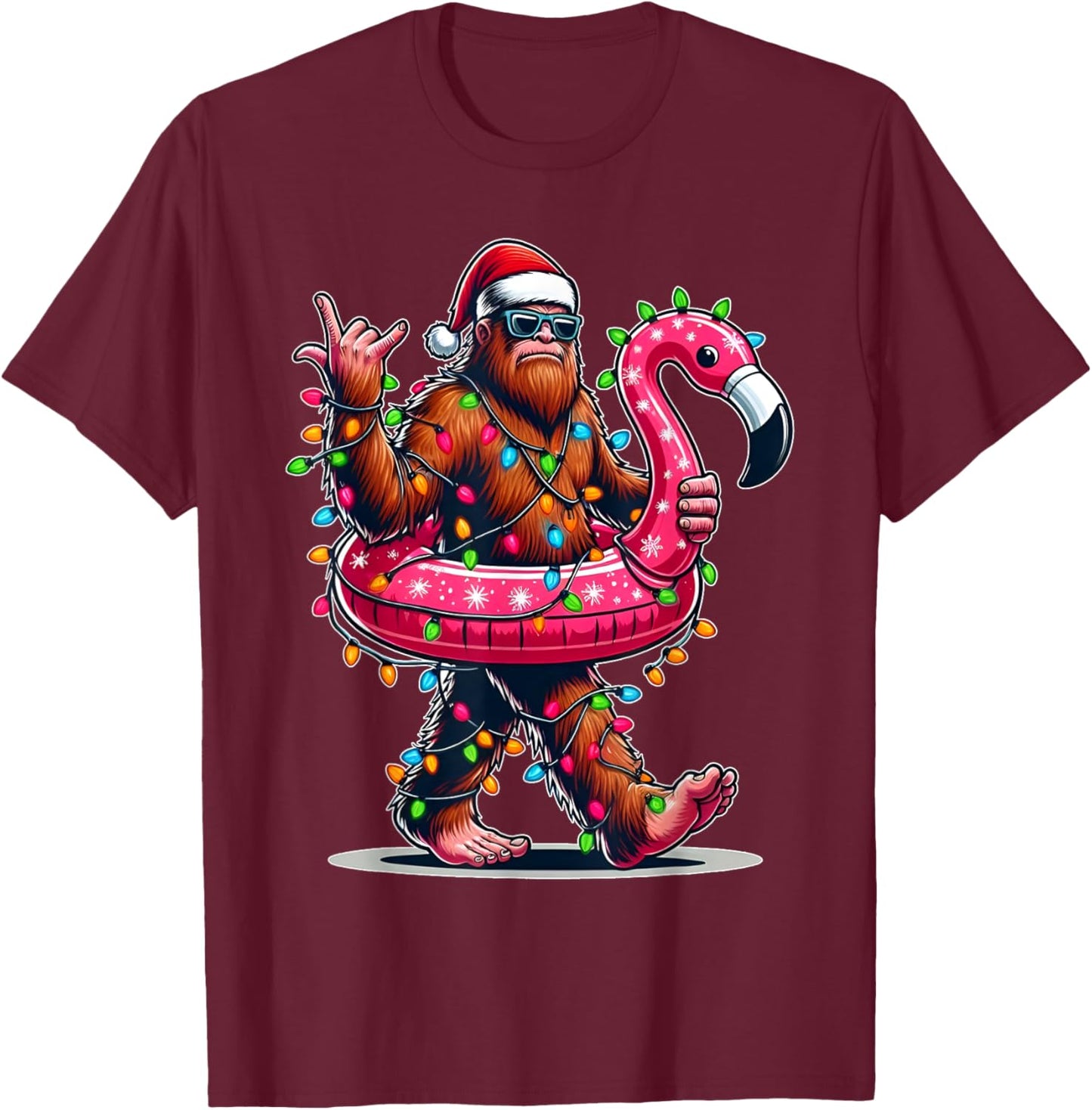 Santa Bigfoot Flamingo Christmas Light Funny Rock Sasquatch T-Shirt - T-Shirt | Maroon