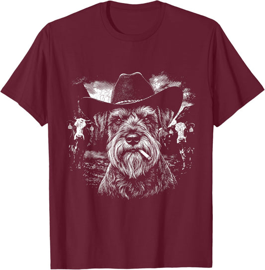Funny Schnauzer Western Graphic Cowboy Dog Smoking Meme T-Shirt - T-Shirt | Maroon
