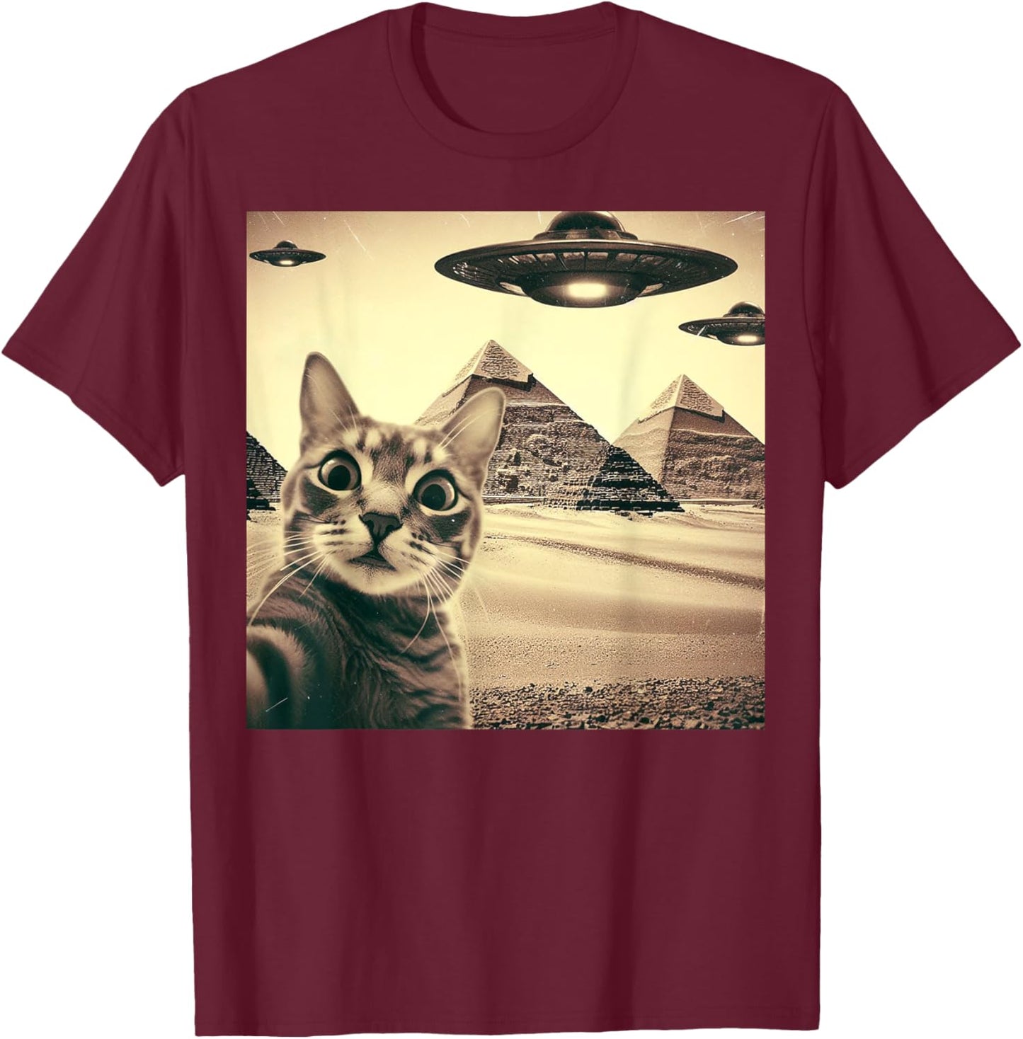 Cat Selfie With Alien UFO Funny Cat Gifts Women Kid T-Shirt - T-Shirt | Maroon