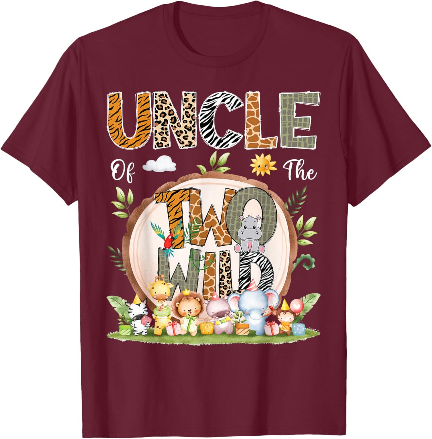 Uncle Of The Two Wild Animal Safari 2Nd Birthday Party T-Shirt - T-Shirt | Maroon