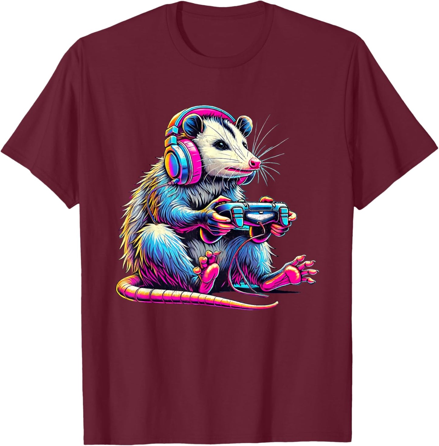 Funny Retro Opossum Gaming - -Adults/Kids - Black - Small - Short Sleeve - - Retro Gaming - Opossum Lover & Gamer T-Shirt - T-Shirt | Maroon