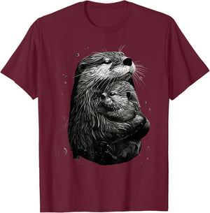 Mom Child Otter Mama Baby Animal Graphic Cute Mothers Day T-Shirt - T-Shirt | Maroon