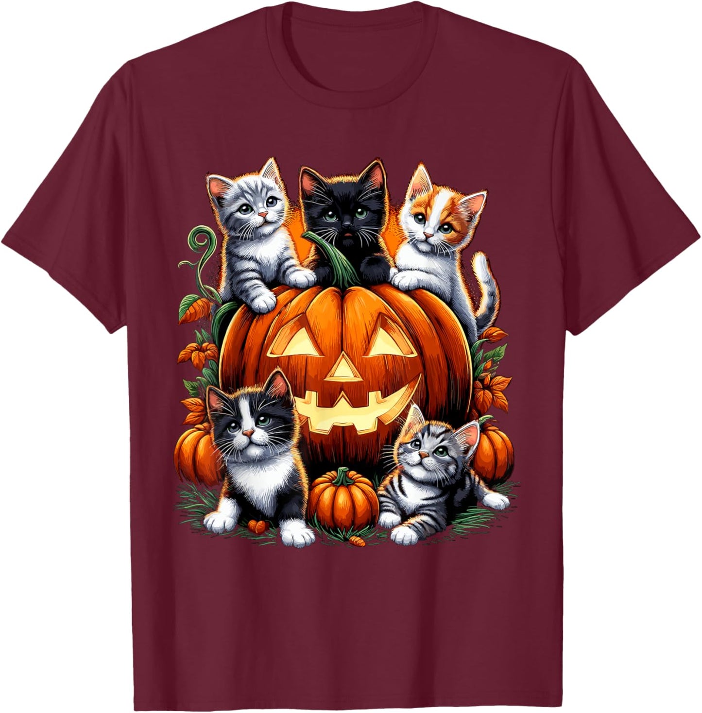 Cat Pumpkin Halloween Retro Floral Spooky Men Women Kids T-Shirt - T-Shirt | Maroon